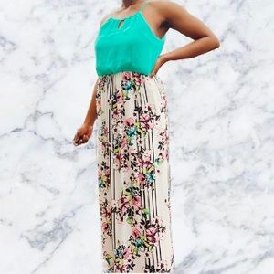 Sleeveless Teal and Floral Maxi Dress - Elegant Summer Style